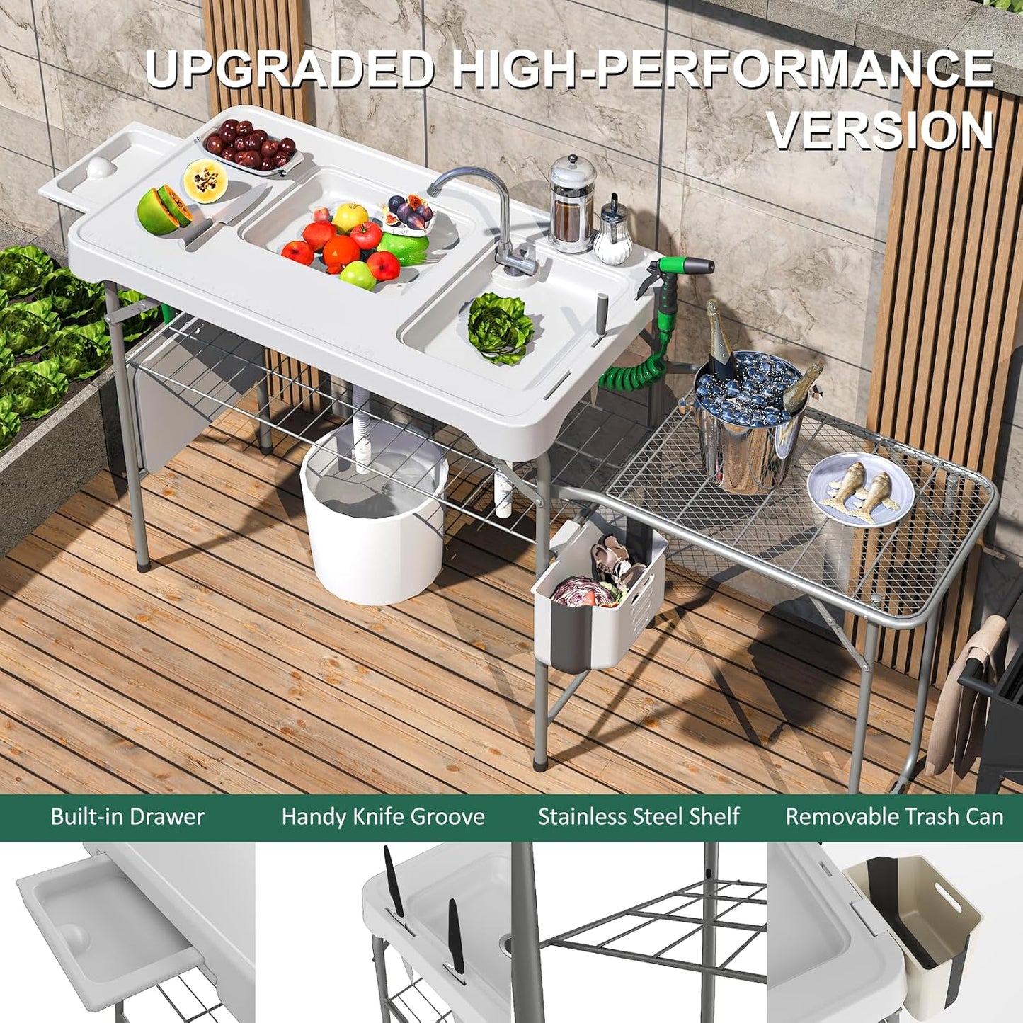42.5" Fish Cleaning Table with Dual Sink, Portable Folding Camping Table - Image 4