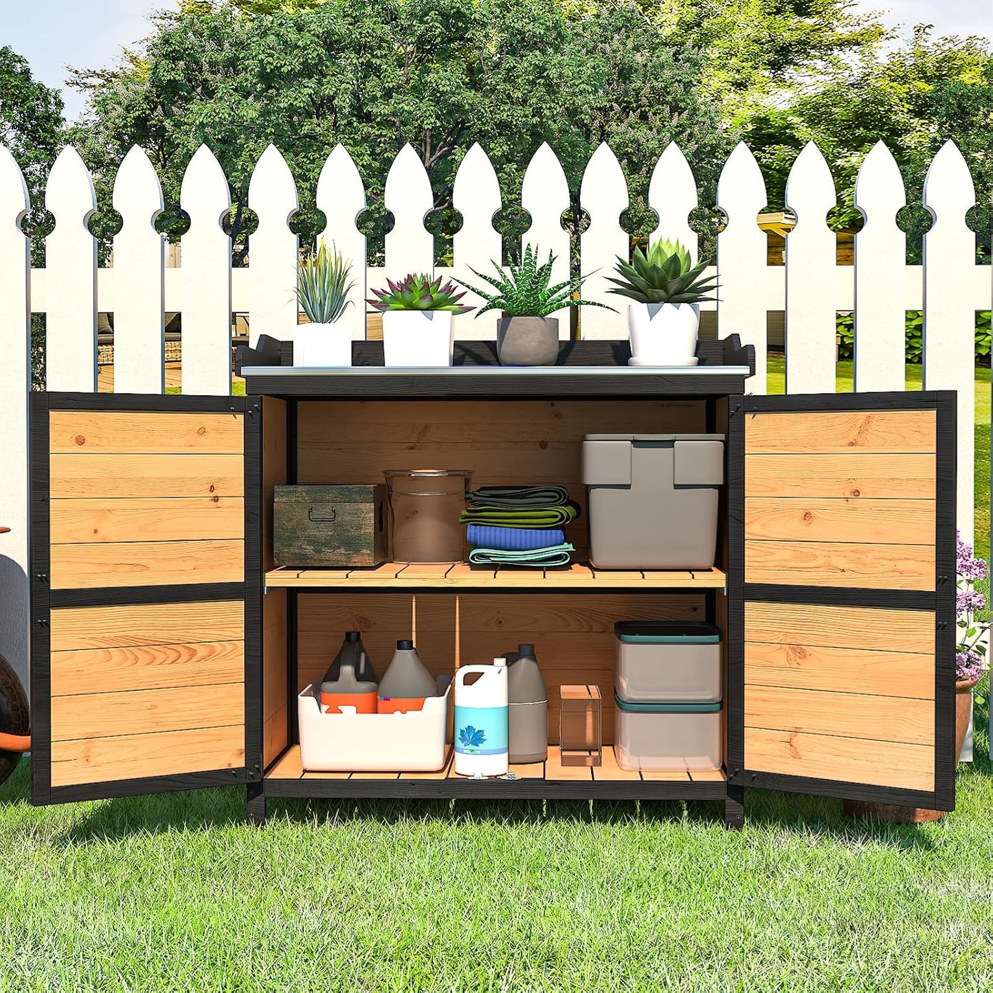 Outdoor Storage Cabinet with Metal Table Top - Image 2