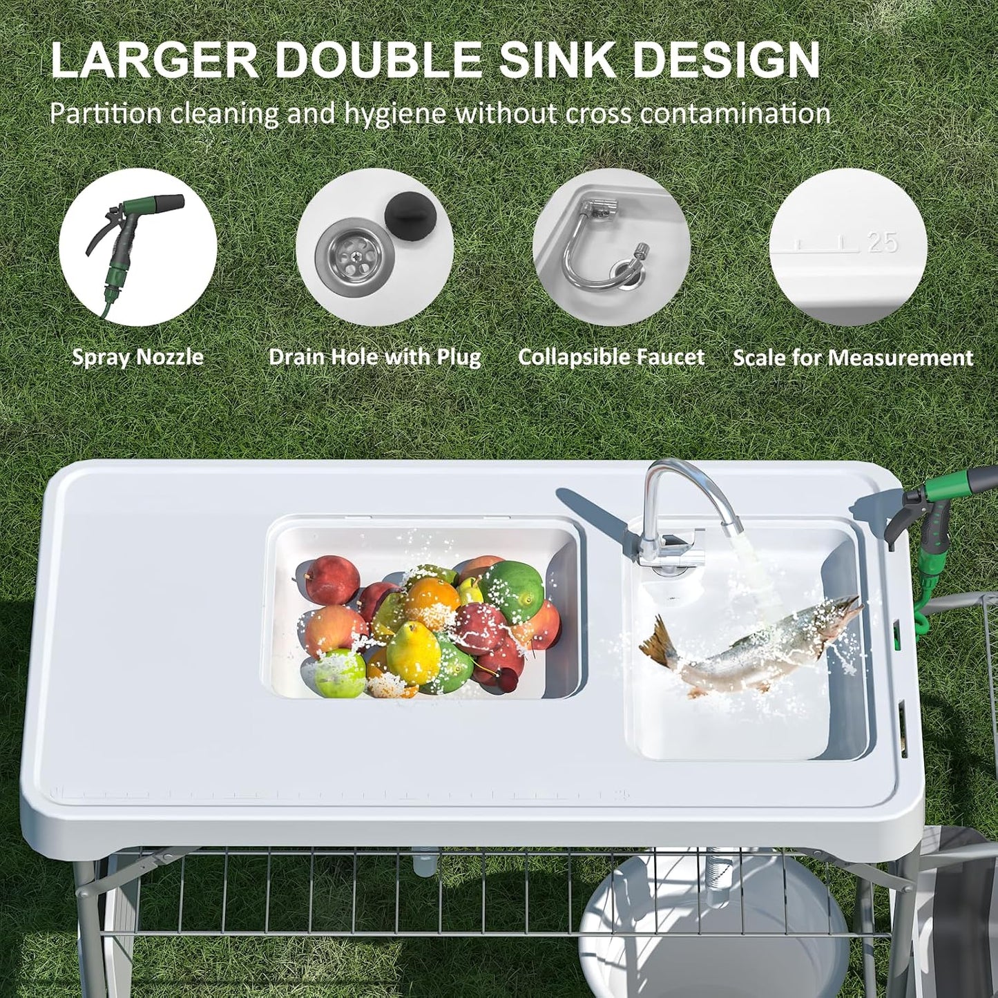 42.5" Fish Cleaning Table with Dual Sink, Portable Folding Camping Table - Image 3