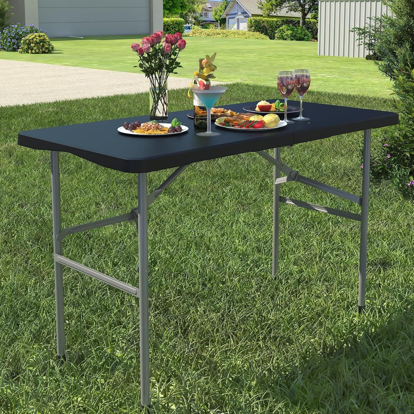Foldable Table 4ft, Plastic Folding Table-BLACK - Image 1