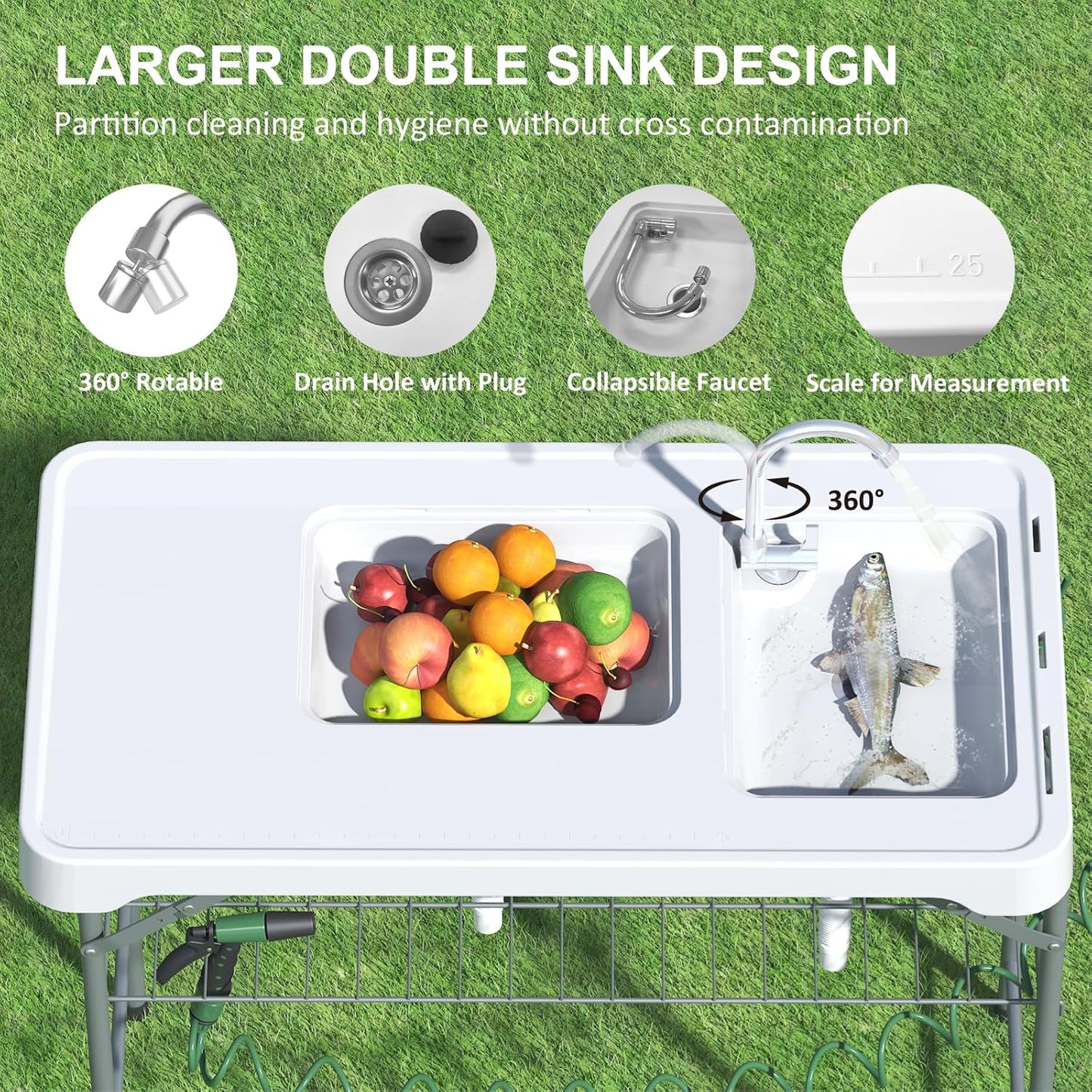 42.5" Fish Cleaning Table with Dual Sink, Portable Folding Camping Table - Image 3