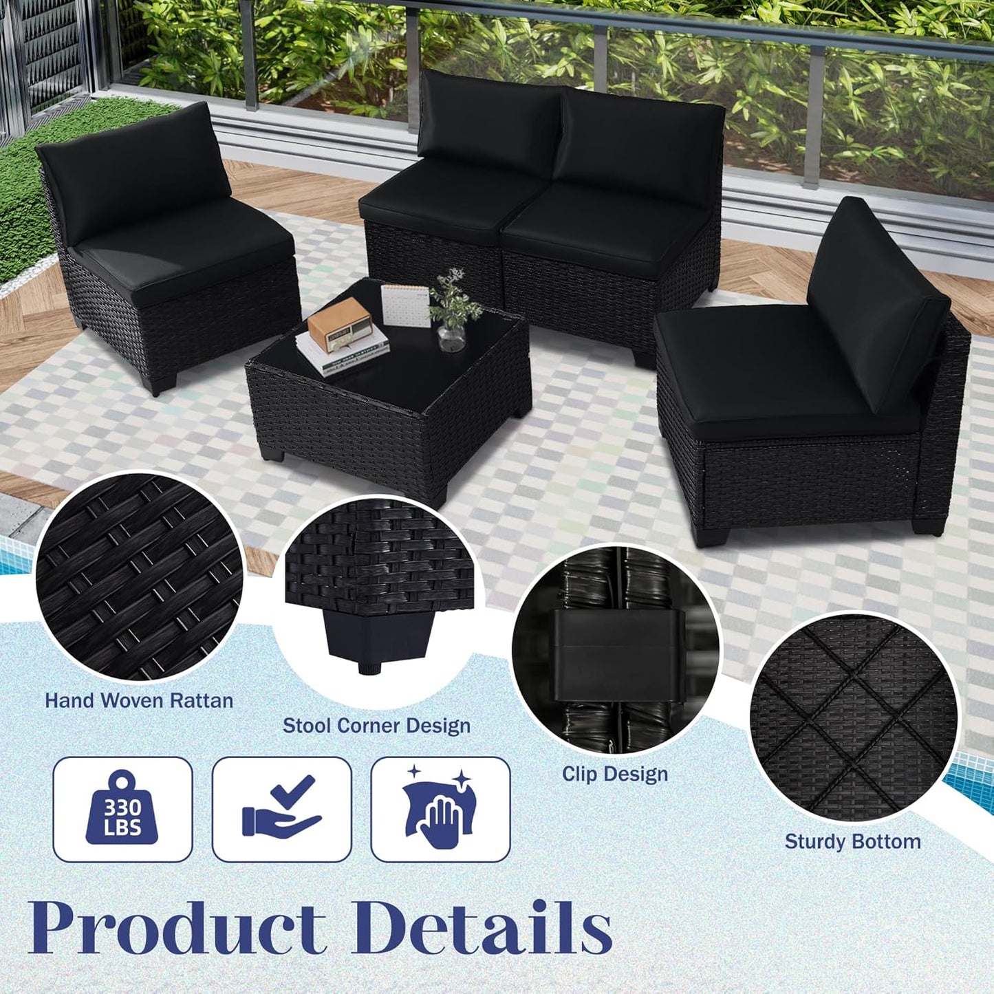 5 Piece Patio Furniture Set, Outdoor Patio Furniture Sets, Patio Conversation Set with Coffee Table, Cushions, All-Weather PE Rattan Sofa Set - Image 3