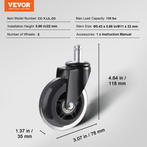 Office Chair Wheels, Set of 2, 3 inch Caster Wheels Replacement - Image 4