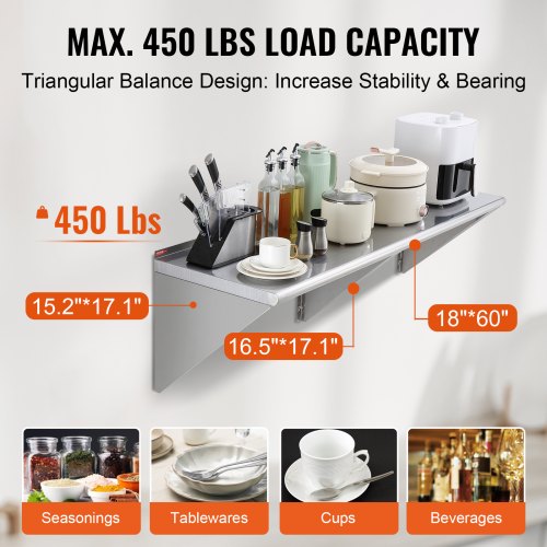 18" x 60" Stainless Steel Shelf, Wall Mounted Floating Shelving with Brackets - Image 4