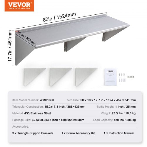 18" x 60" Stainless Steel Shelf, Wall Mounted Floating Shelving with Brackets - Image 6