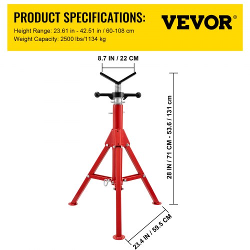 V Head Pipe Stand 1/8"-12" Capacity, Adjustable Height 28"-52" - Image 3