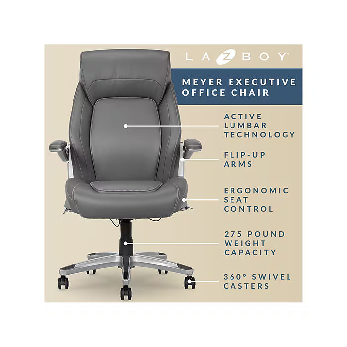 La-Z-Boy Meyer Ergonomic Bonded Leather Swivel Executive Chair, Gray - Image 1