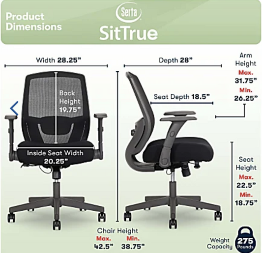 Serta Rayne Ergonomic Mesh/Fabric Mid-Back Task Chair, Black - Image 1