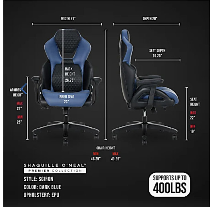 Shaquille O’Neal Sciron Big & Tall Ergonomic High-Back Vegan Leather Executive Gaming Office Chair, Blue - Image 2
