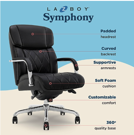 La-Z-Boy Symphony Ergonomic Bonded Leather Swivel Executive Chair, Black - Image 2
