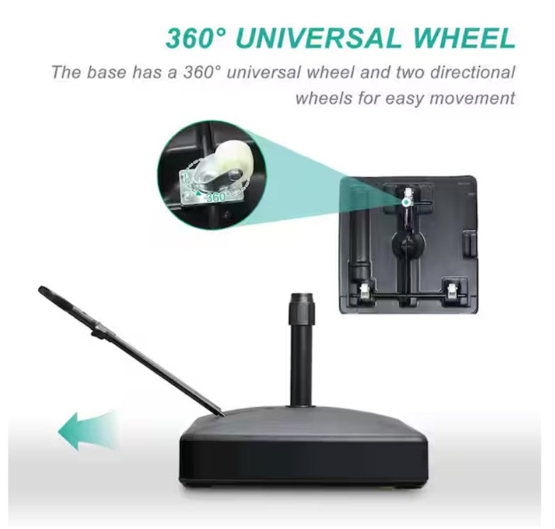 100 lbs. Plastic Patio Umbrella Base with Wheels and Rod in Black - Image 6