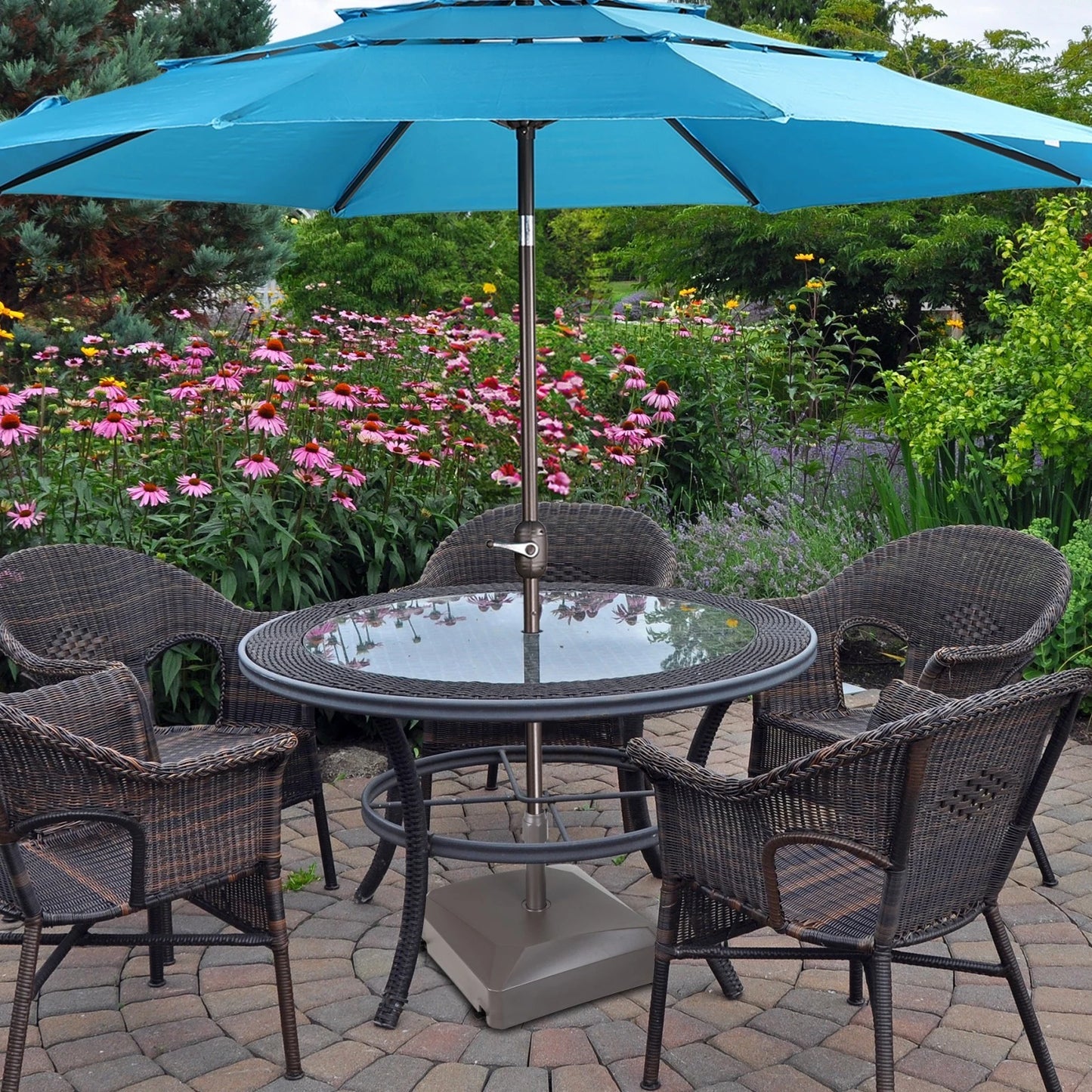155 lbs. Fillable Capacity Plastic Mobile Patio Umbrella Base with Wheels in Brown - Image 2