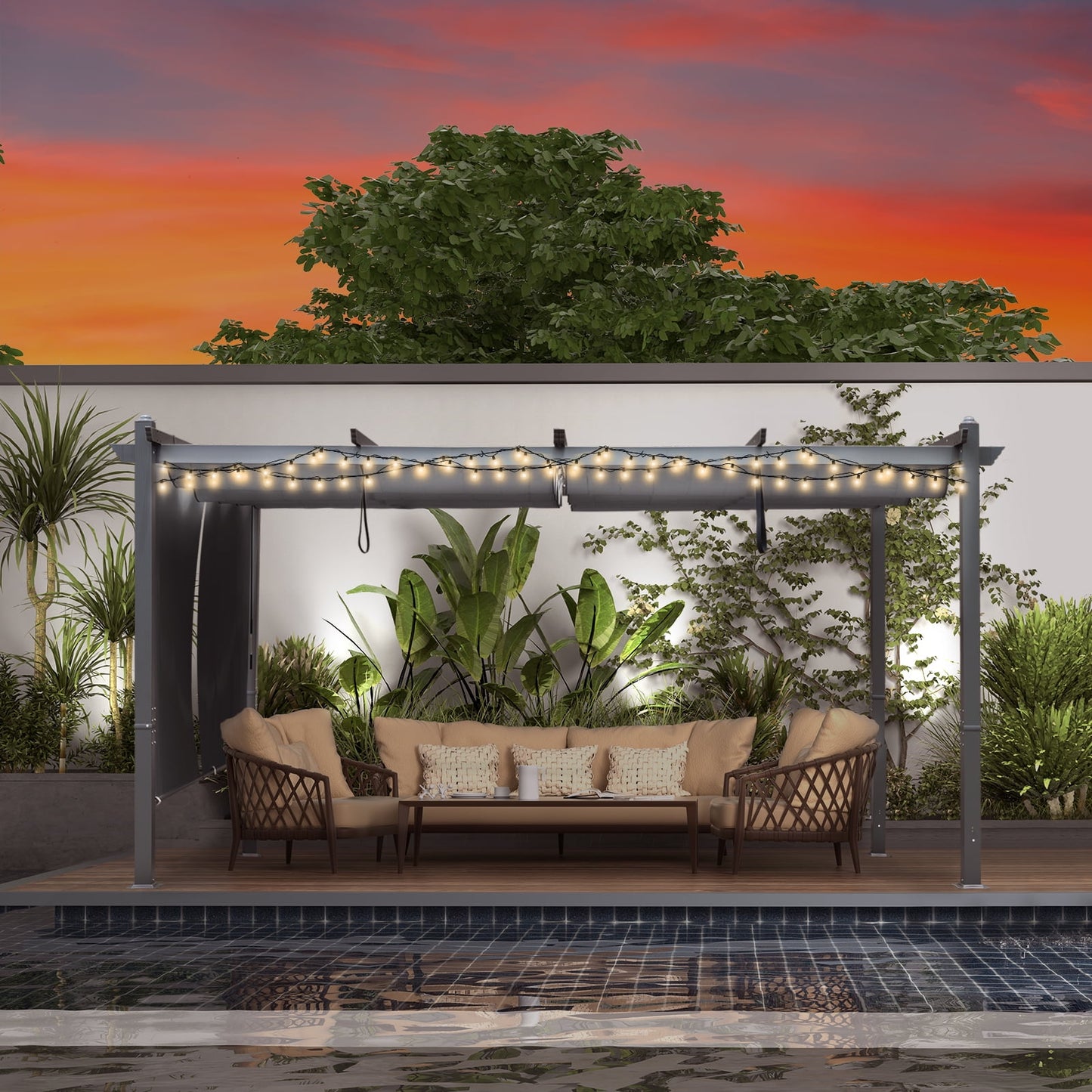 14 x 12 ft. Outdoor Pergola with Retractable Canopy and Sunshade Roller Curtains - Image 8