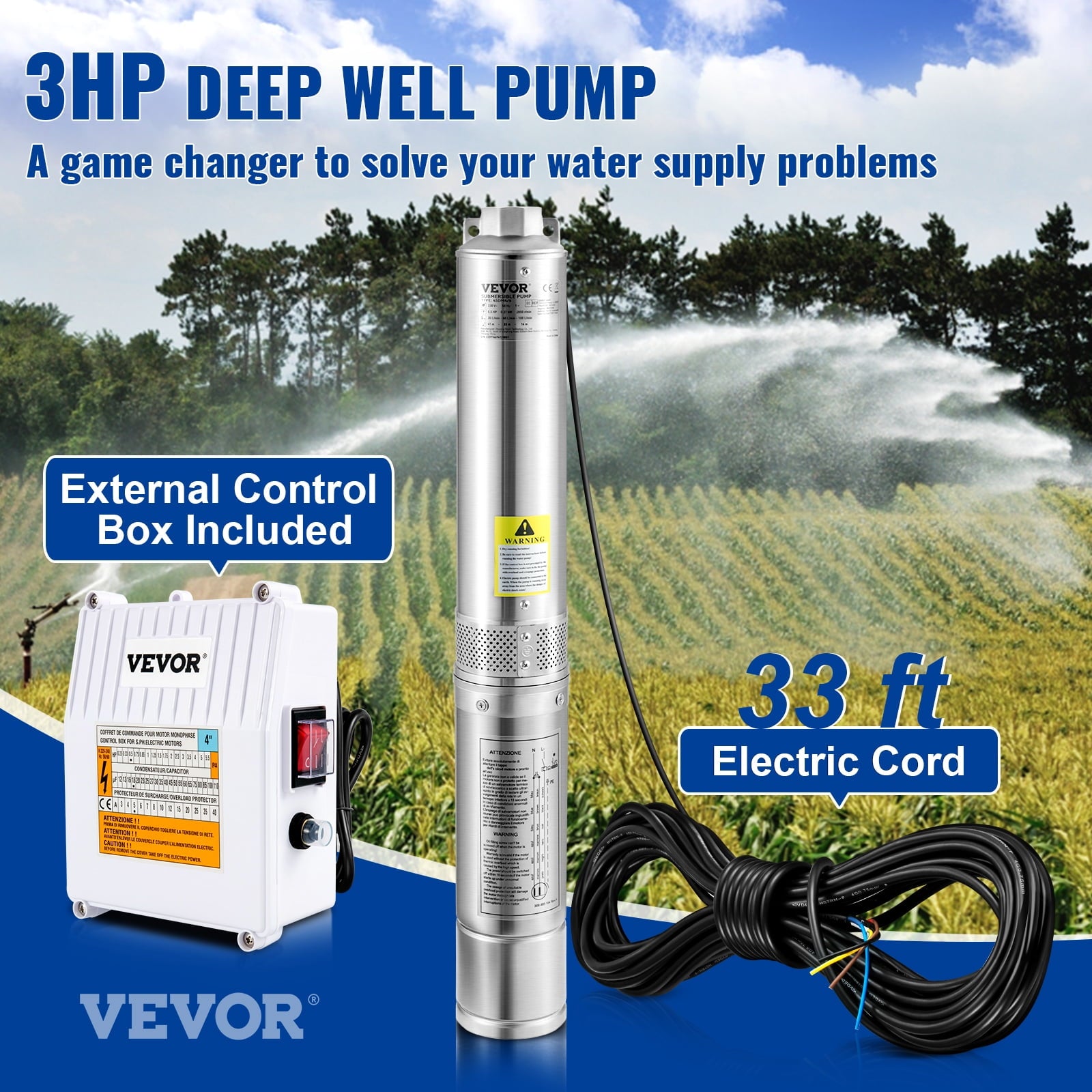 VEVOR 3HP Deep Well Submersible Pump 37GPM w/Control Box - Image 6
