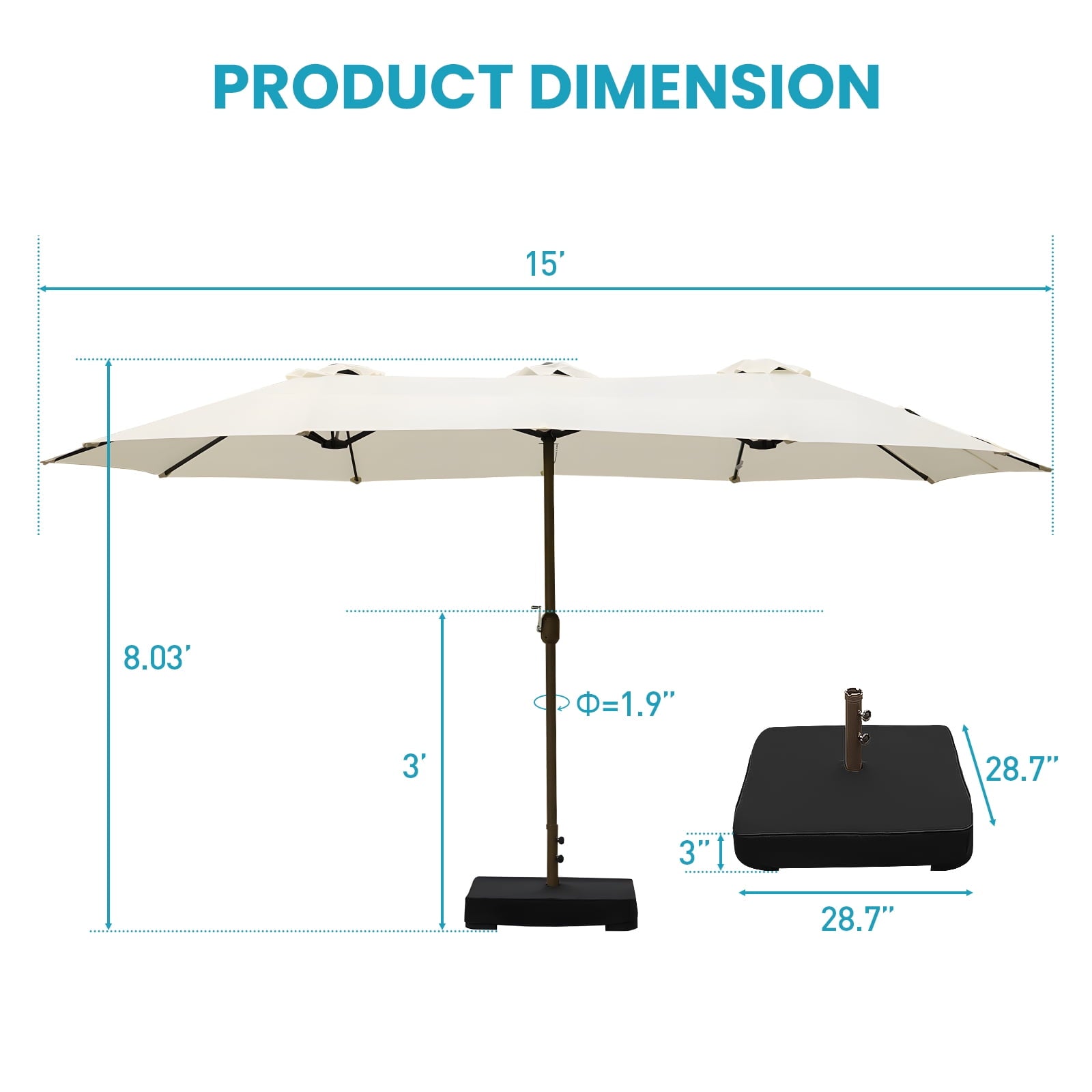 15 ft. Patio Double Sided Umbrella Outdoor with Base Stand Beige - Image 1