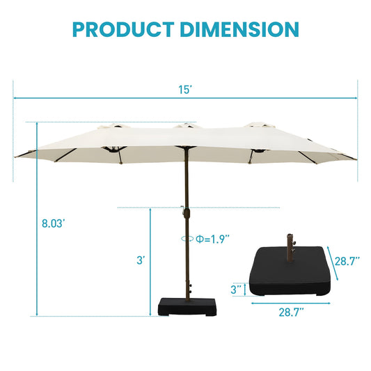 15 ft. Patio Double Sided Umbrella Outdoor with Base Stand Beige - Image 1