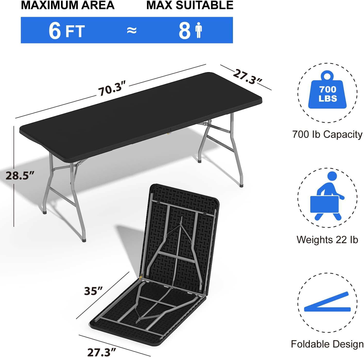 Foldable Table 6ft - Black - Image 2