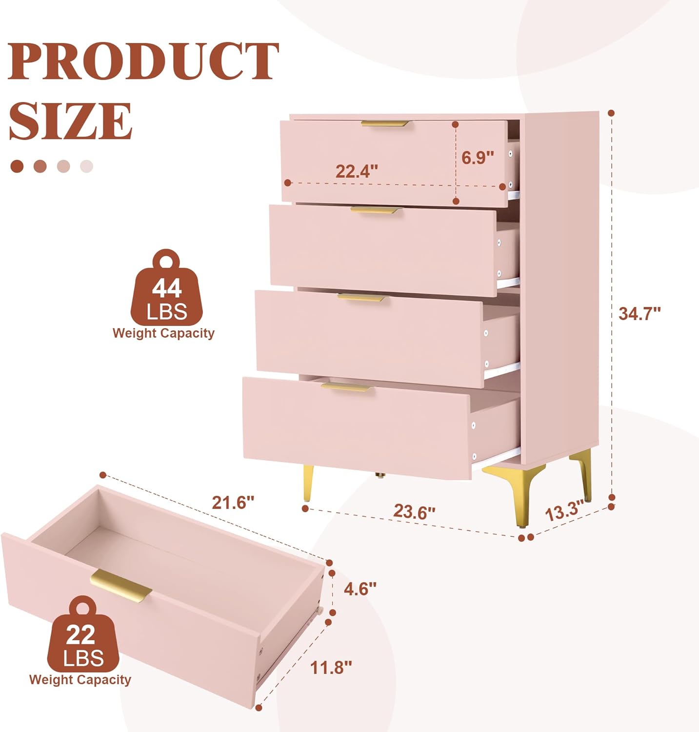 4 Drawer Dressers for Bedroom, Wood Dresser with Golden Handles - PINK - Image 2