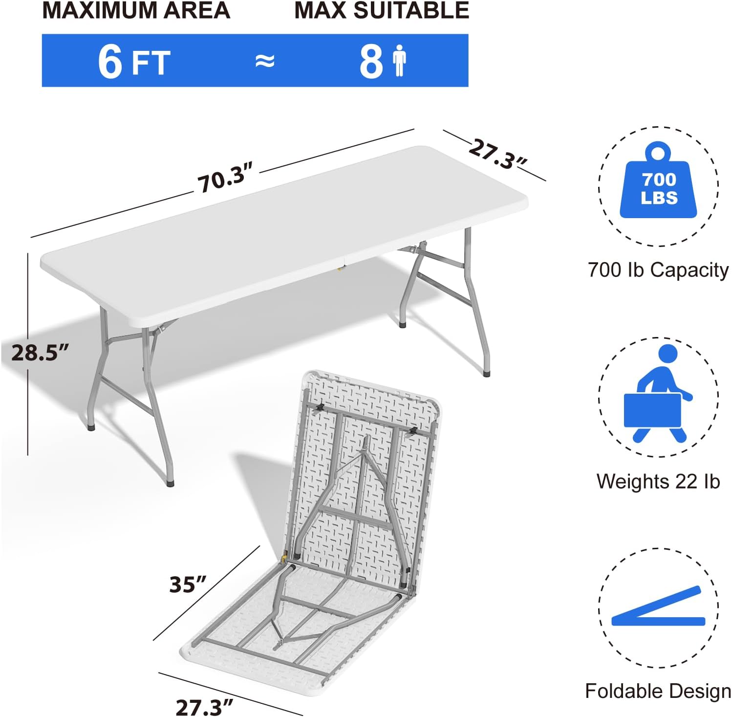 Foldable Table 6ft, Plastic Folding Table, Portable Heavy Duty Dining Table with Lock Function & Carrying Handle, Outdoor Indoor Foldable White Table for Camping Party Picnic - Image 2