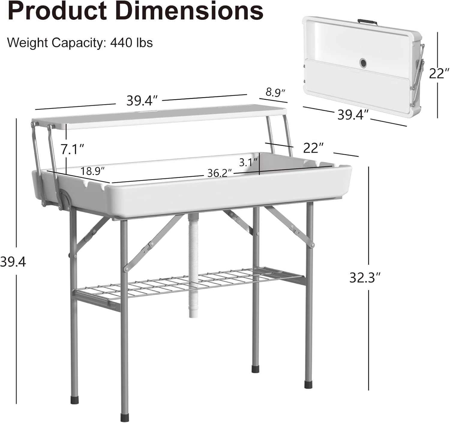 Ice Cooler Table with Drain, Two-Tier Plastic Folding Tables - Image 2