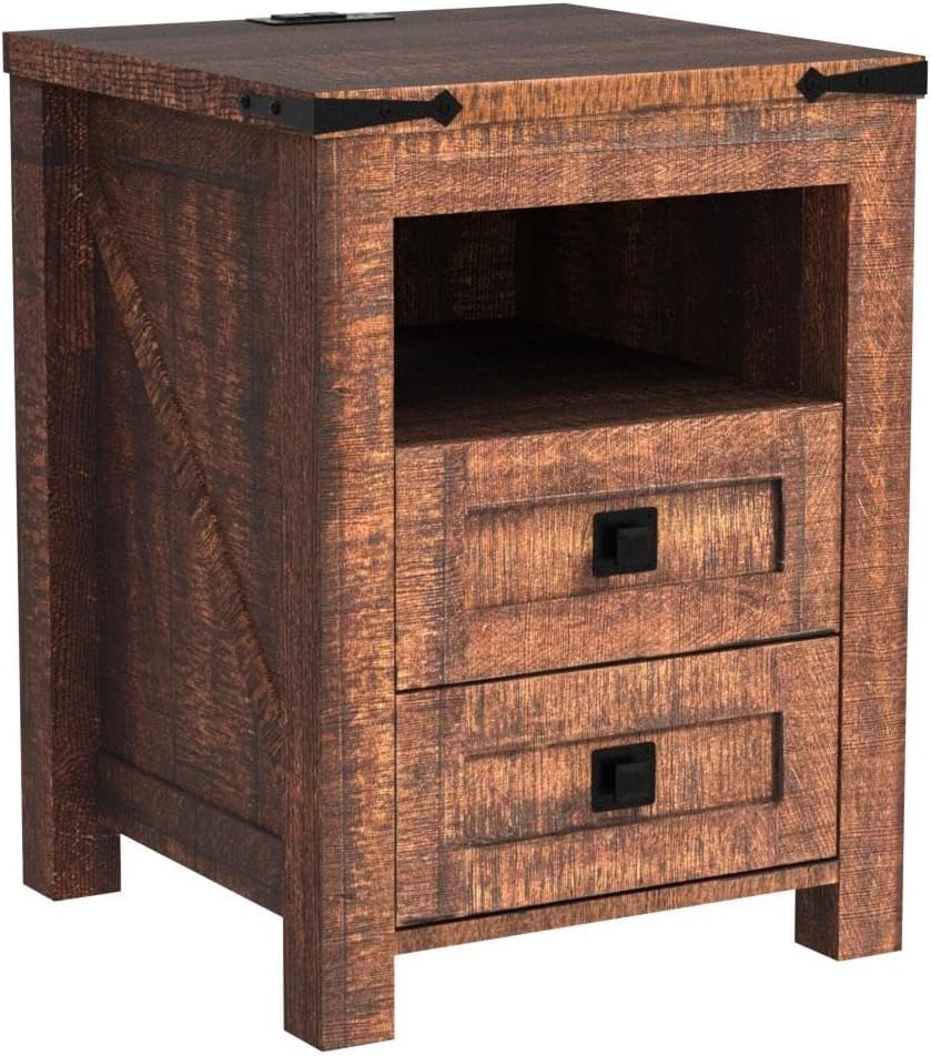 2 DRAWERS Nightstand with Charging Station - Reclaimed Barnwood Color - Image 4