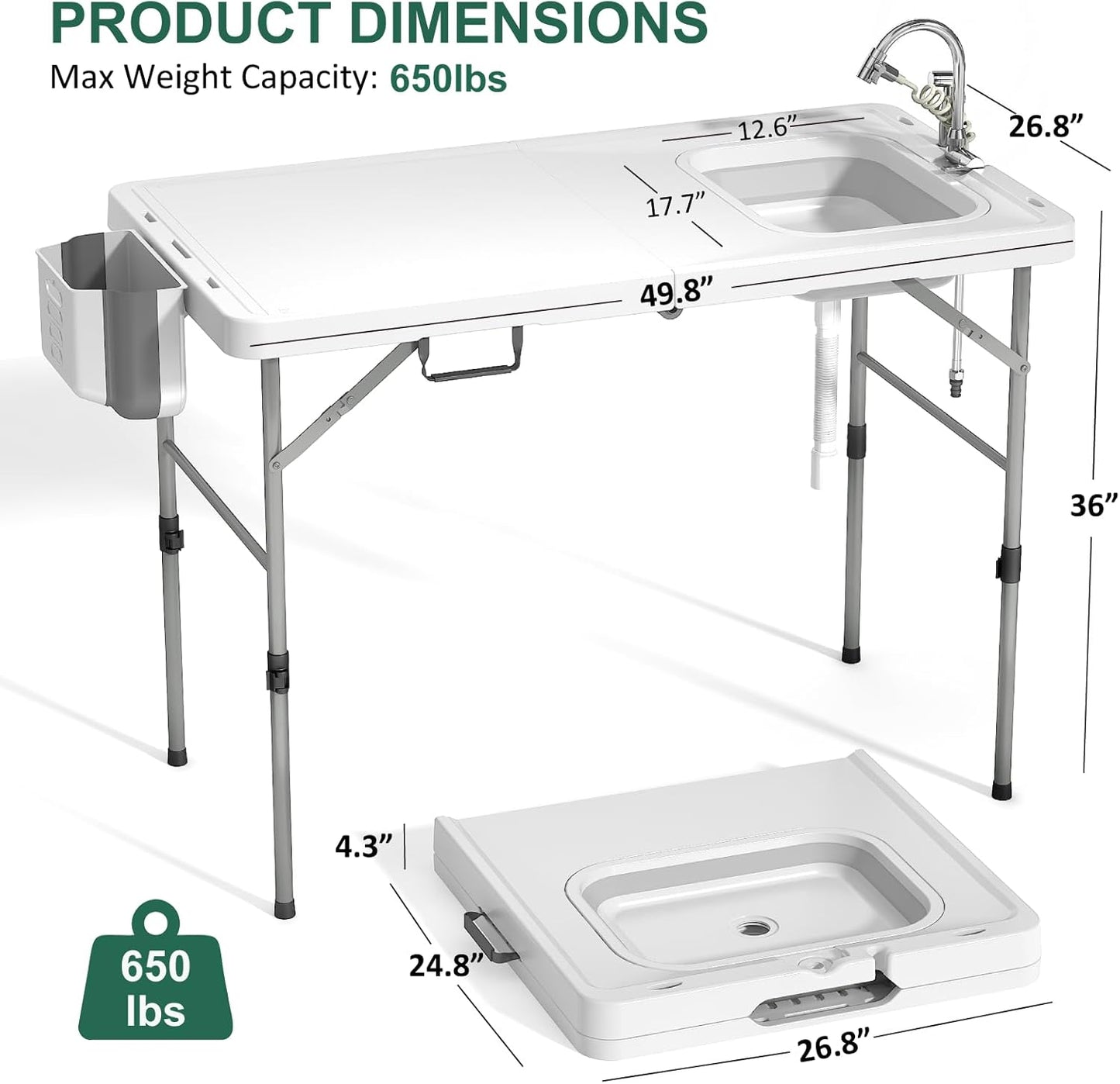 Folding Fish Cleaning Table with Sink, 50"x27" Bi-Folding Portable Camping Sink Station - Image 2
