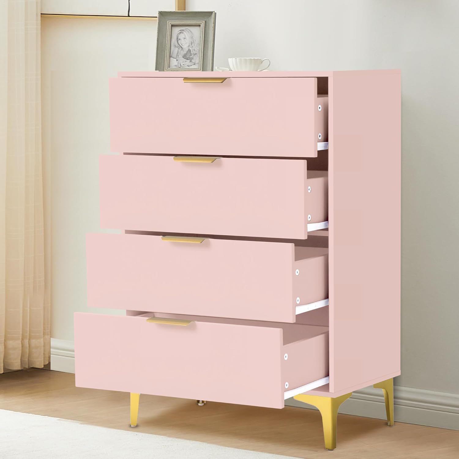 4 Drawer Dressers for Bedroom, Wood Dresser with Golden Handles - PINK - Image 1