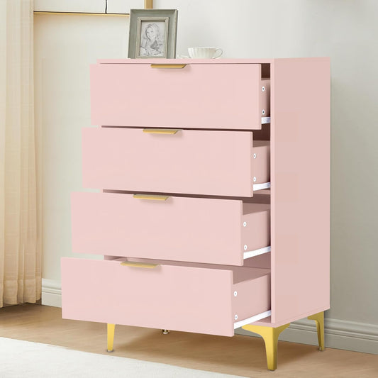 4 Drawer Dressers for Bedroom, Wood Dresser with Golden Handles - PINK - Image 1