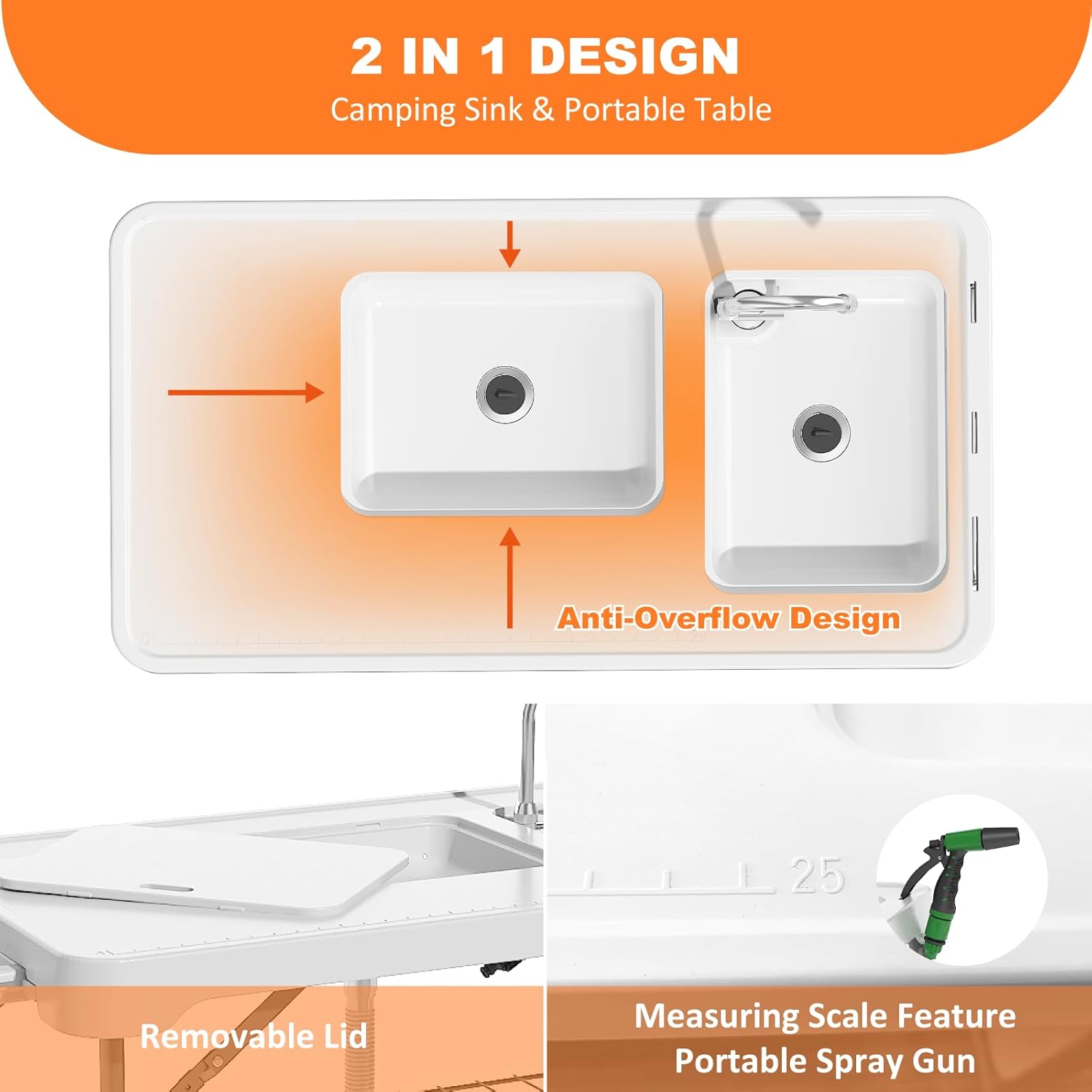 Folding Fish Cleaning Table with 2 Sinks, 42.5'' Portable Camping Sink Table - Image 7