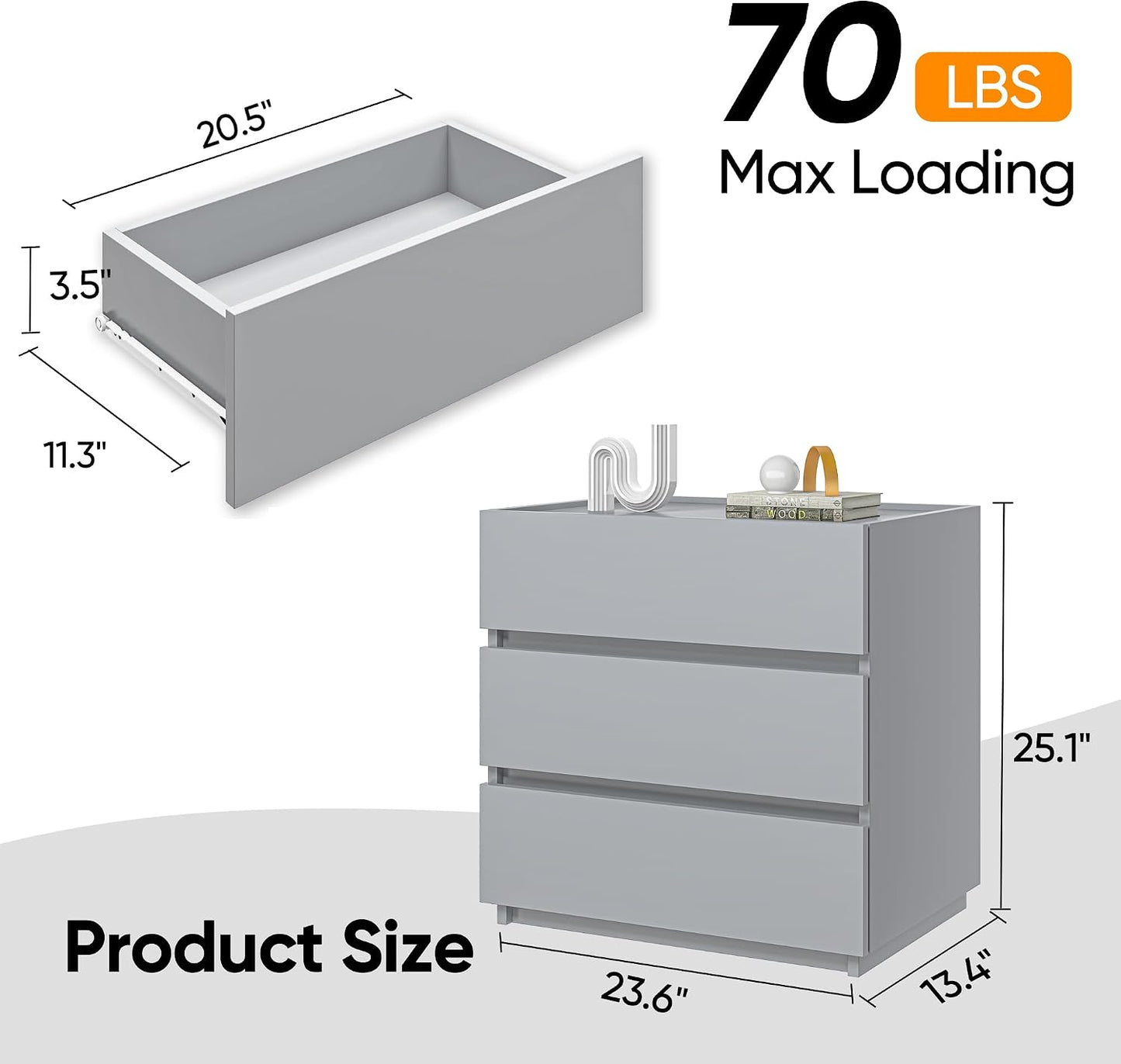 3 Drawer Dresser - Grey - SET OF 1 - Image 1