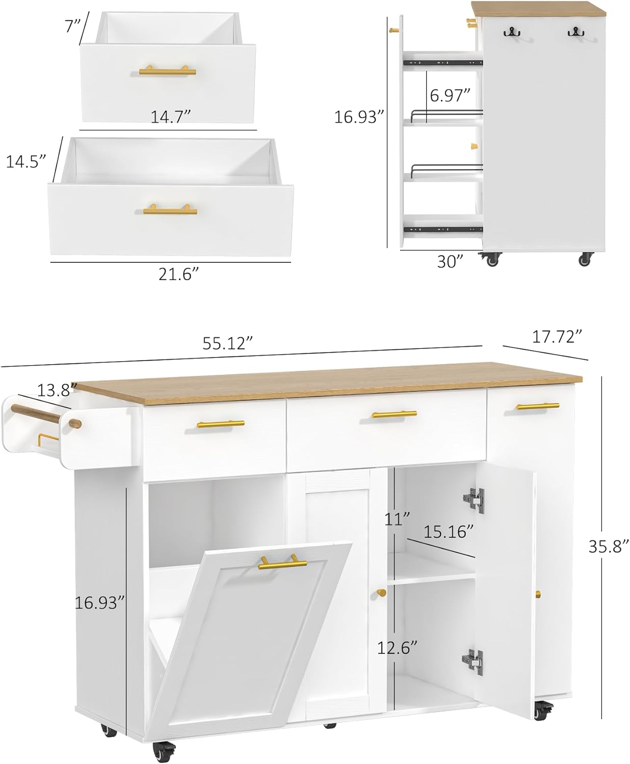 55" Kitchen Island with Storage - White - Image 2