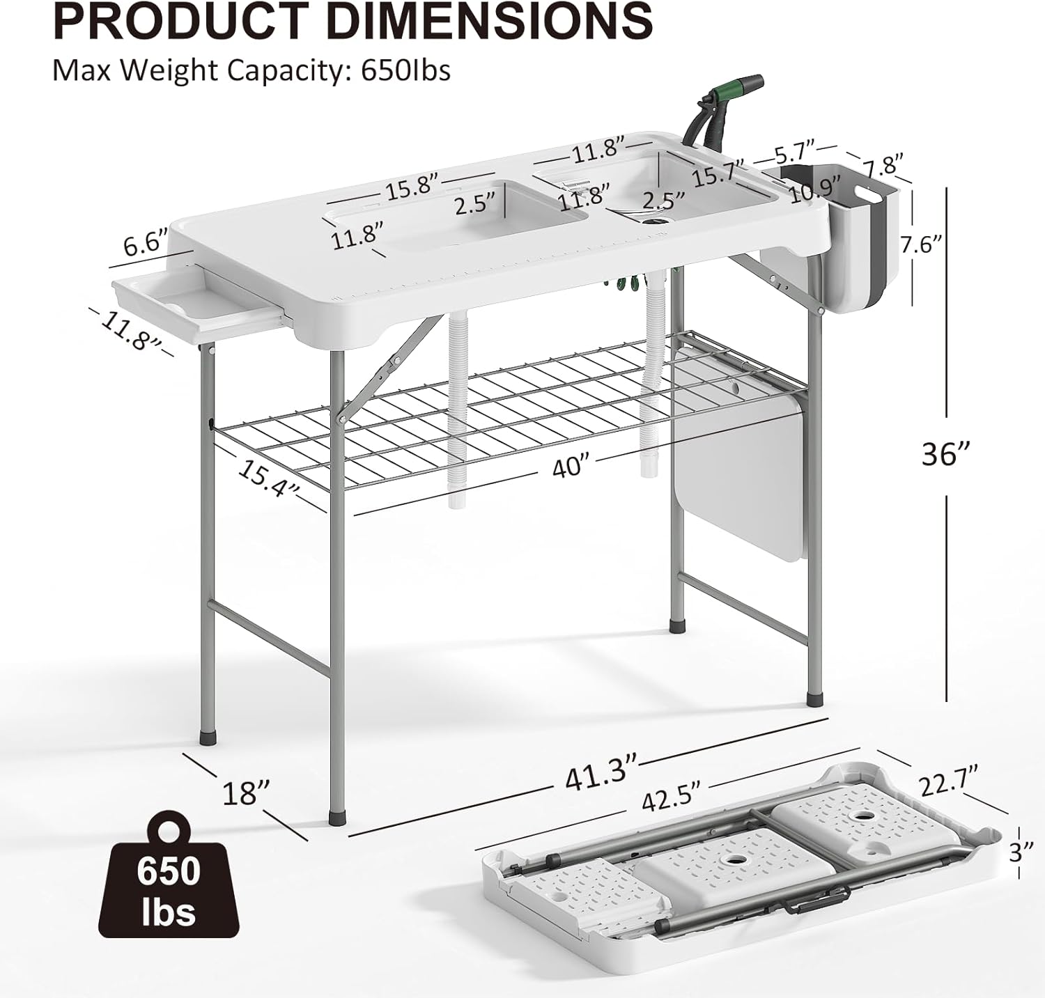 42.5" Fish Cleaning Table with Dual Sink, Portable Folding Camping Table - Image 2