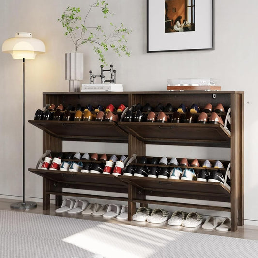 Shoe Cabinet with 4 Flip Drawers, Narrow Shoe Storage Cabinet - BROWN - Image 1