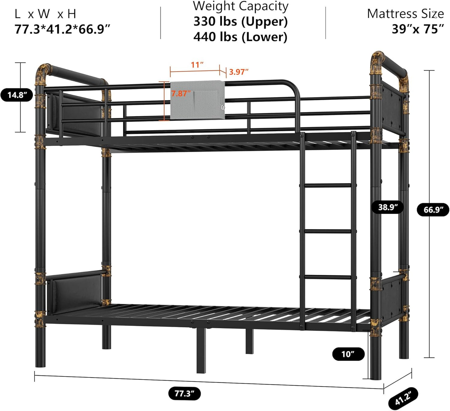 2 IN 1 Metal Bunk Bed Twin Over Twin, Convertible Twin Bunk Beds into 2 Individual Twin Size Bed for Kids Adults - Image 2