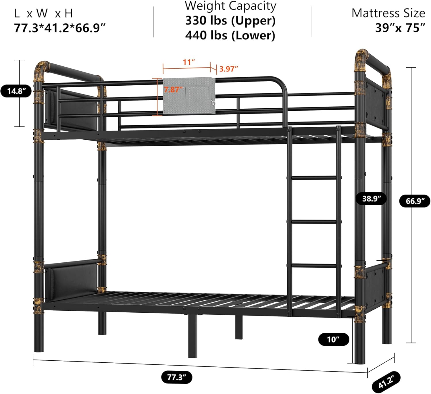 2 IN 1 Metal Bunk Bed Twin Over Twin, Convertible Twin Bunk Beds into 2 Individual Twin Size Bed for Kids Adults - Image 2