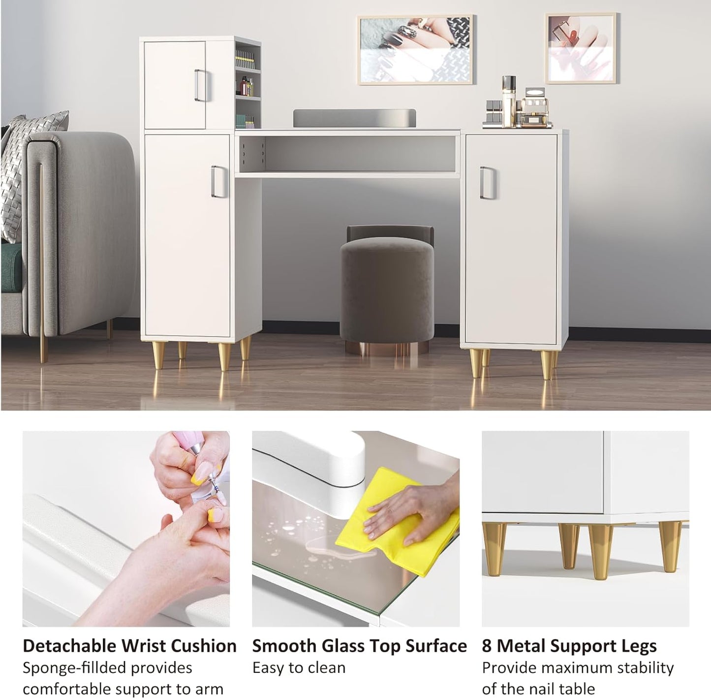 Manicure Table Nail Desk for Nail Tech w/Glass Top & Wrist Rest - Image 6