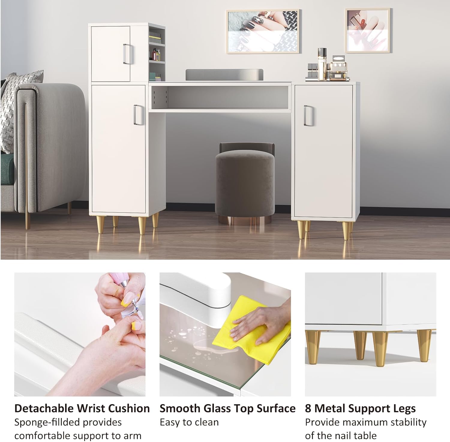 Manicure Table Nail Desk for Nail Tech w/Glass Top & Wrist Rest - Image 6