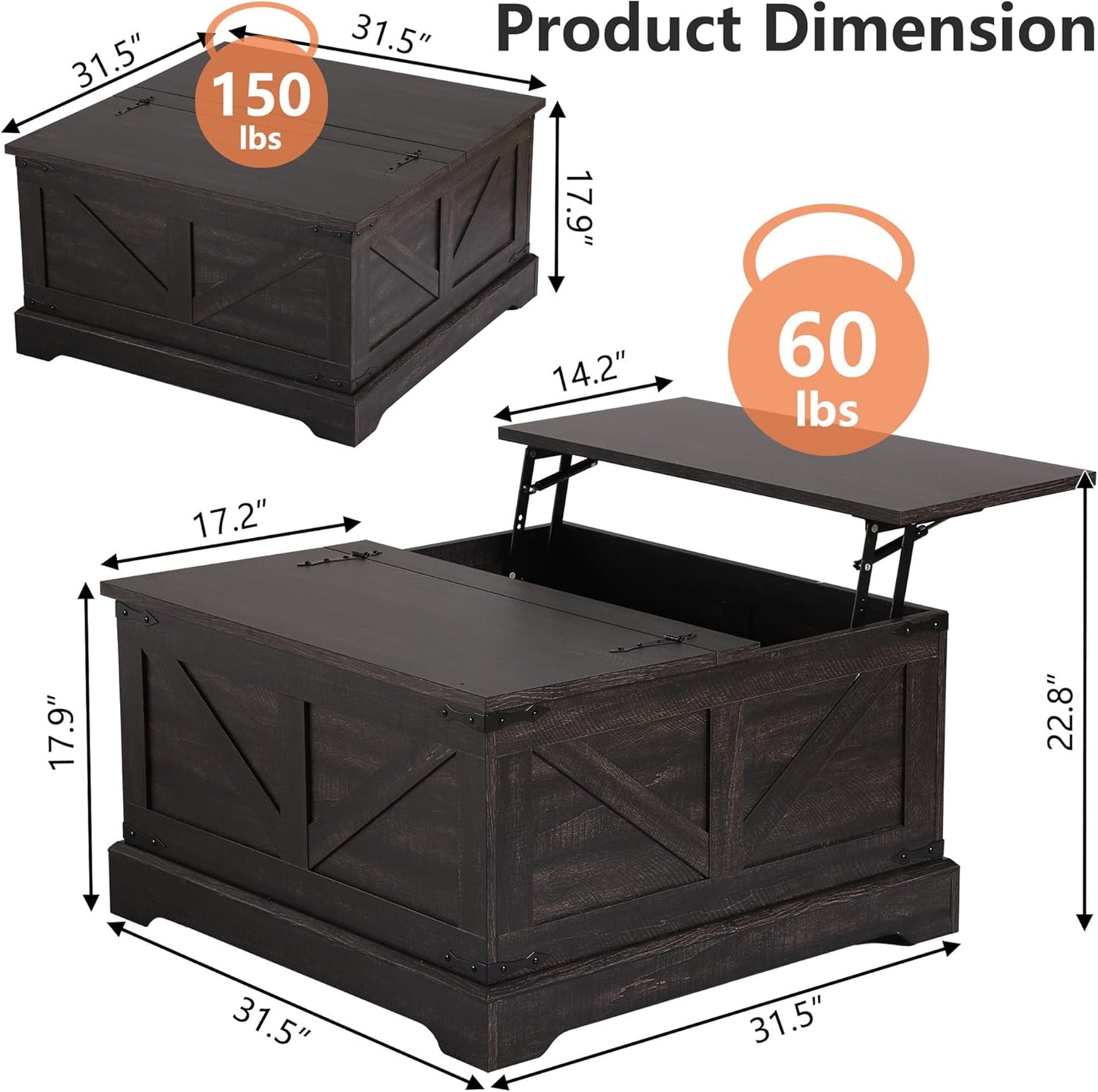  Vintage Storage Coffee Table, Lift Top Coffee Table, Square Center Table, Living Room Tables, Wood Tea Table (Retro Brown) - Image 2