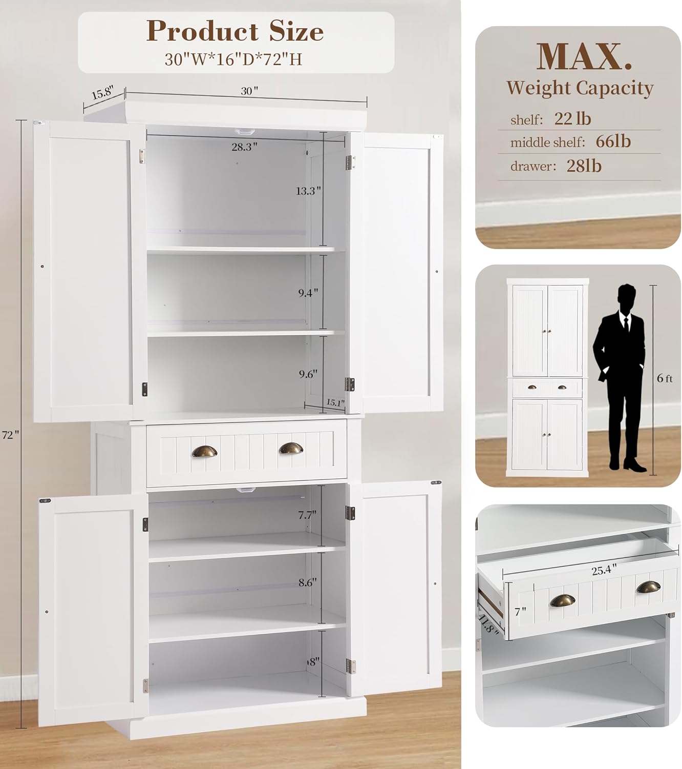  Tall Kitchen Pantry Cabinet - WHITE - Image 3