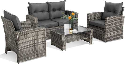 4 Piece Outdoor Patio Furniture Set (Grey Cushion) -1 - Image 1
