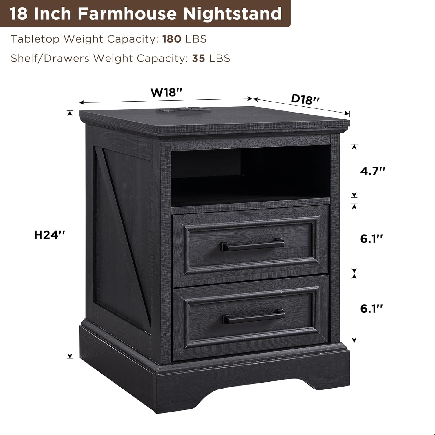 2 DRAWERS Nightstand with Charging Station - Black - Image 2