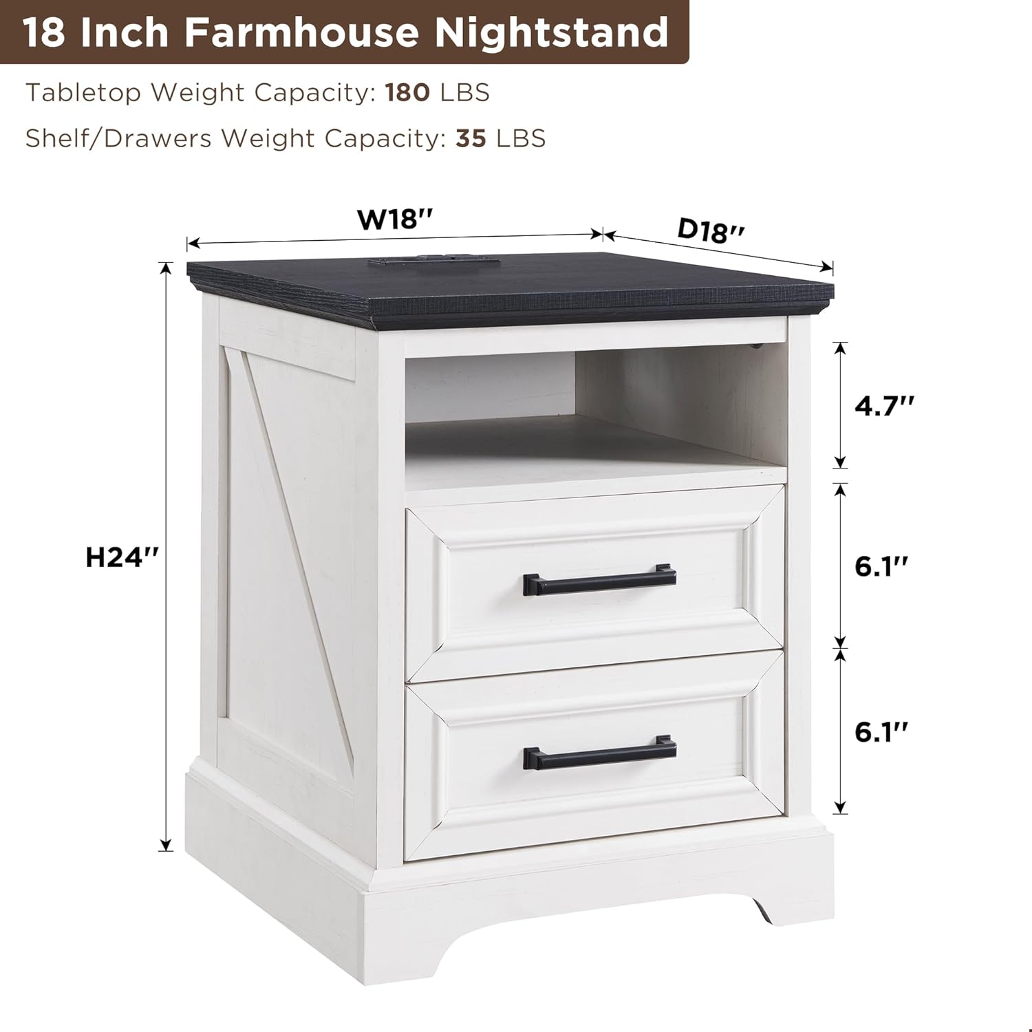 18" Farmhouse Nightstand with Charging Station - White - Image 2