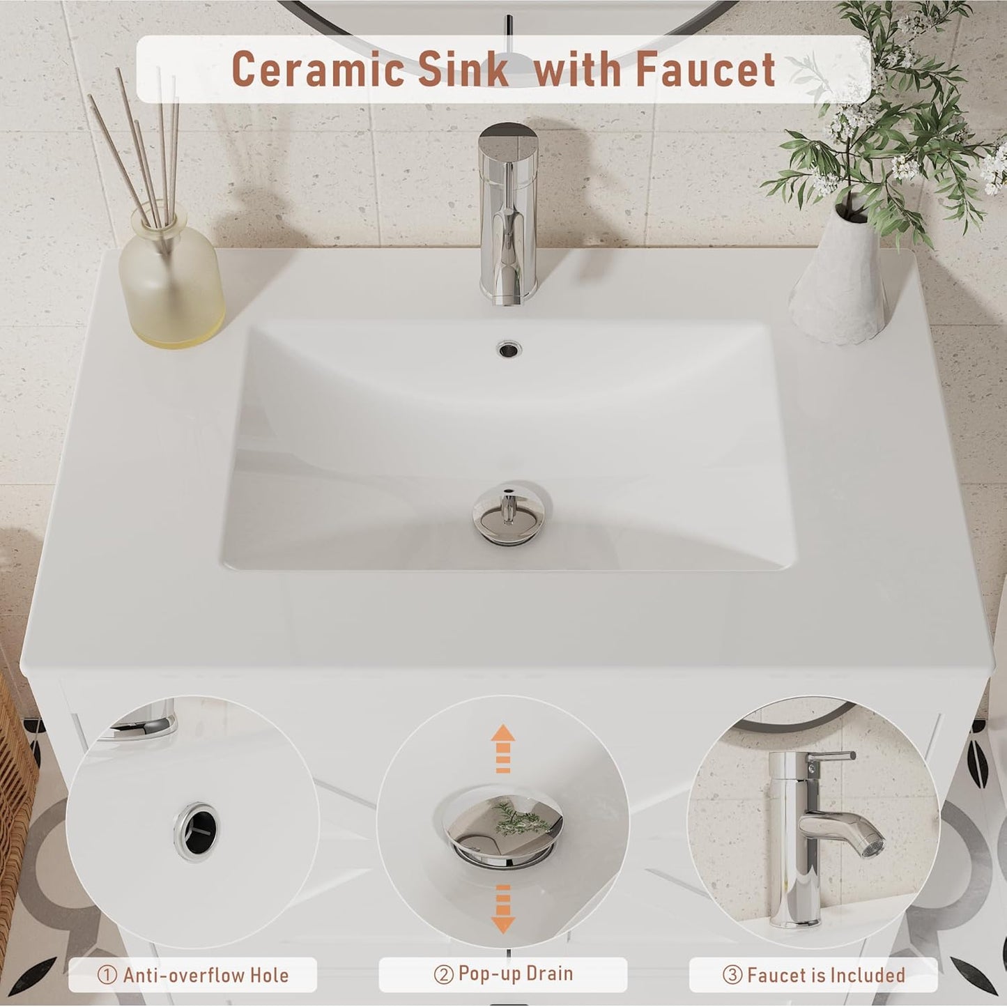 Bathroom Vanity with Ceramic Sink (30 Inch, Cabinet ONLY, White) - Image 5