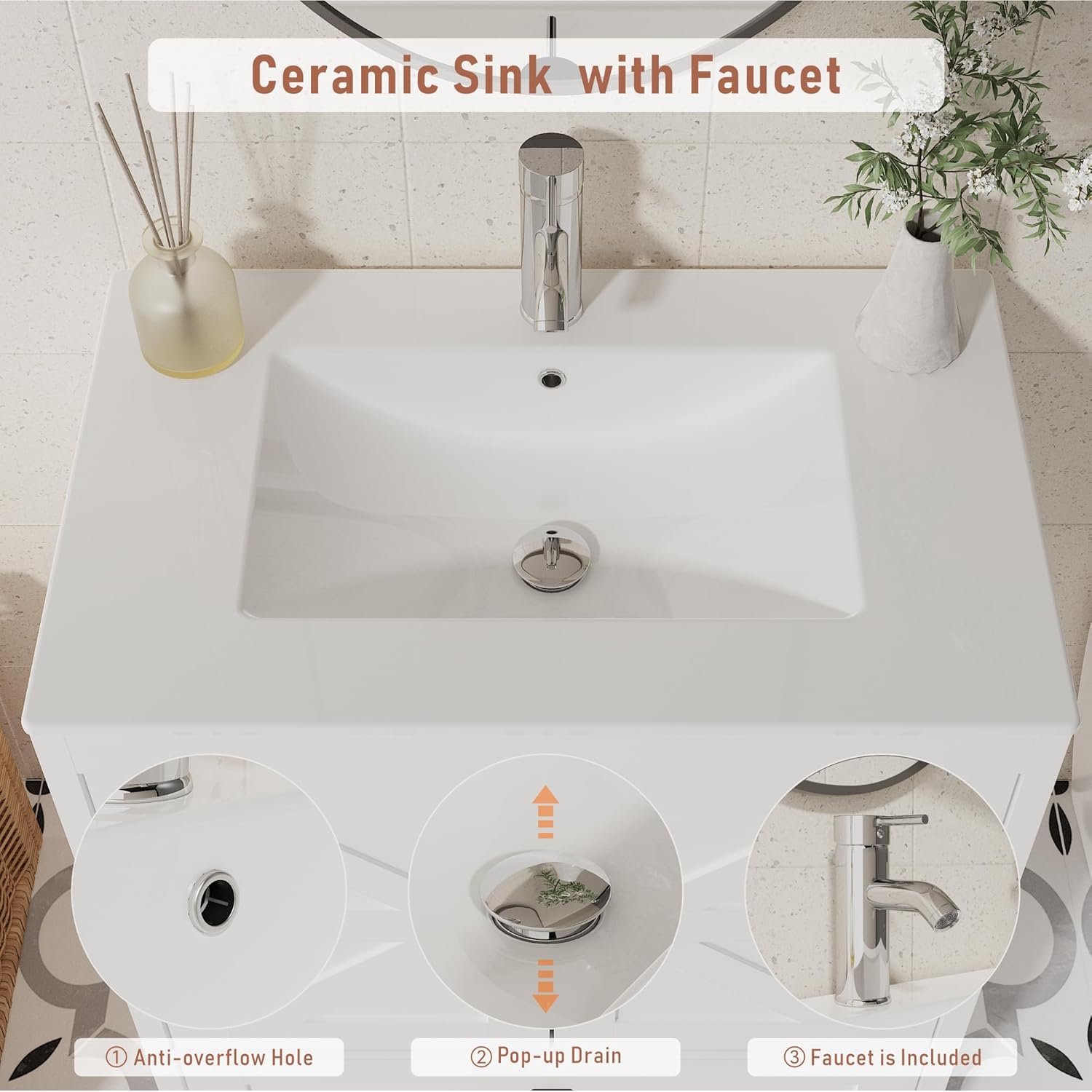Bathroom Vanity with Ceramic Sink (30 Inch, Cabinet ONLY, White) - Image 5