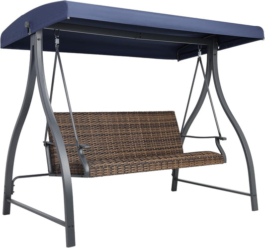 3 Seat Outdoor Porch Swing with Adjustable Canopy, PE Wicker Patio Swing Chair with Quick-Drying Foam Seat, 882 LBS Capacity - Image 1