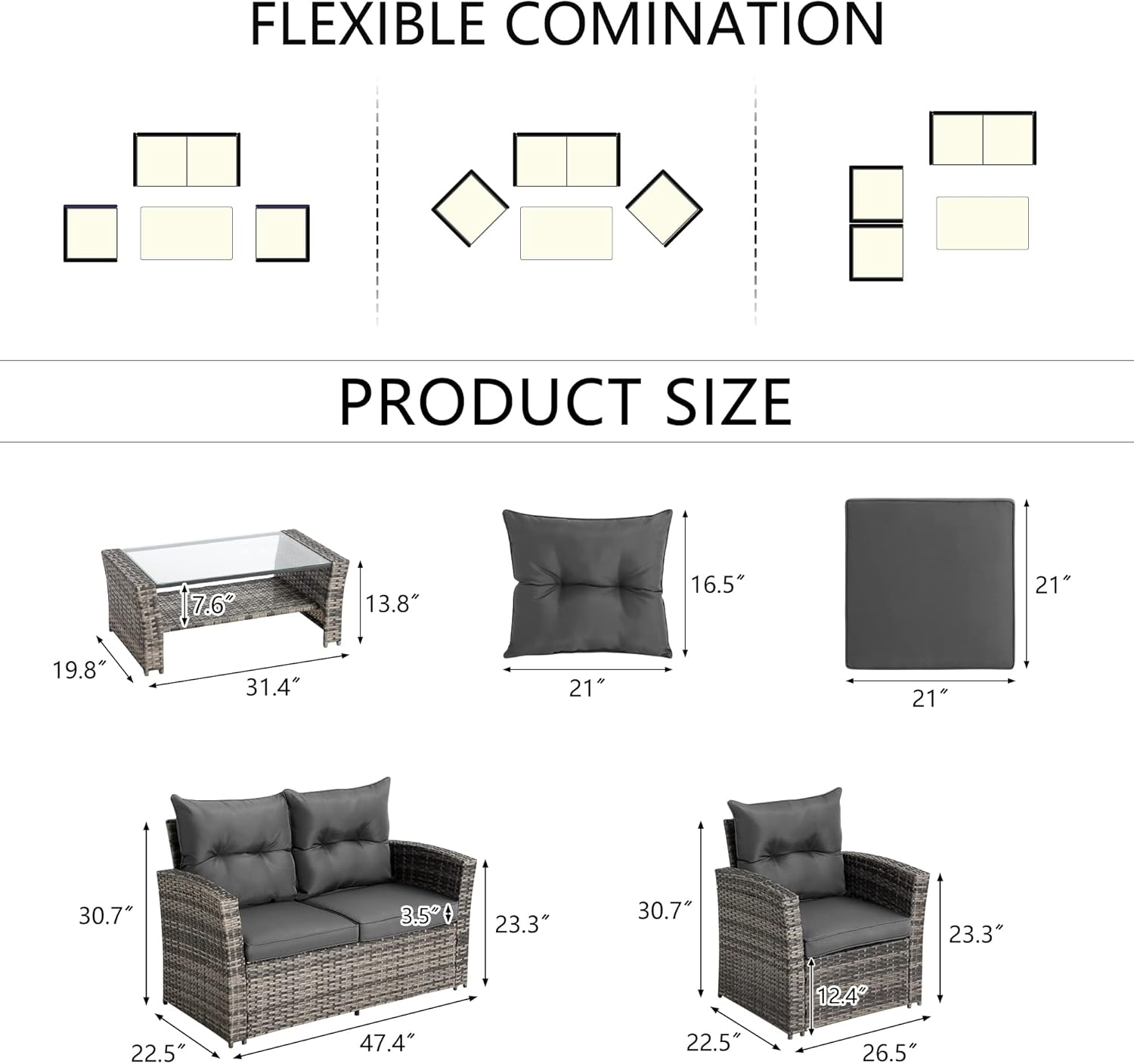 4 Piece Outdoor Patio Furniture Set (Grey Cushion) -1 - Image 4