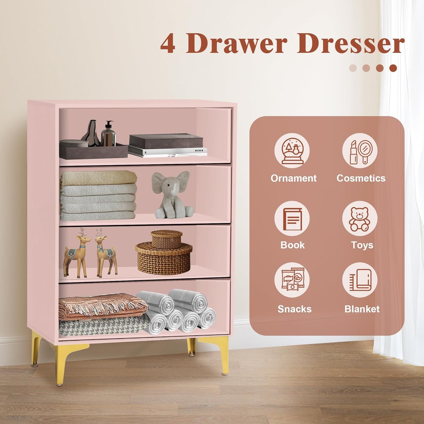 4 Drawer Dressers for Bedroom, Wood Dresser with Golden Handles - PINK - Image 6
