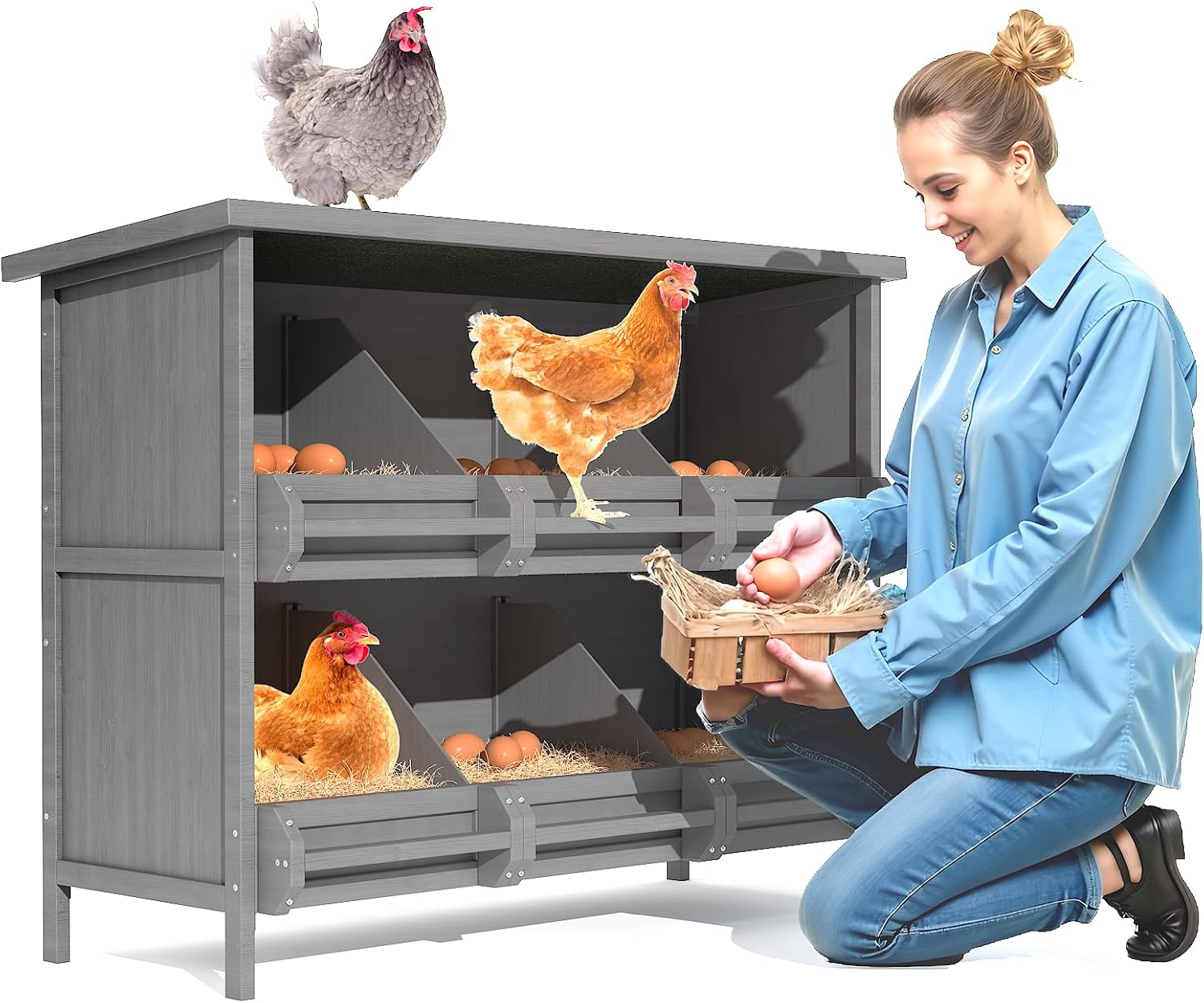 2-Tier Nesting Boxes for Chickens, 6-Compartment, Wooden Chicken Nesting Box for Laying Eggs - Image 1