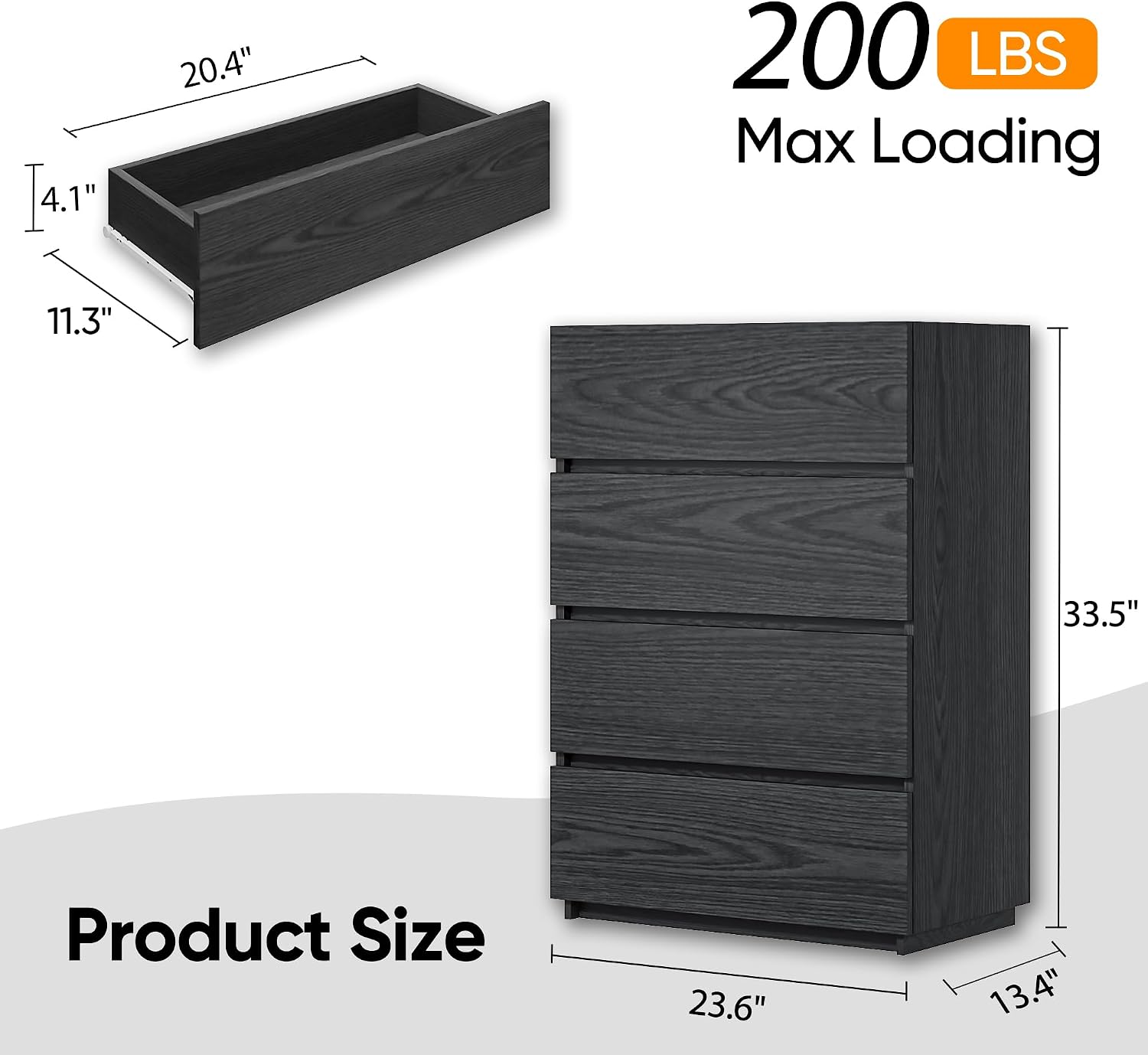 x 4 Drawer Dresser - Black - SET OF 1 - Image 3
