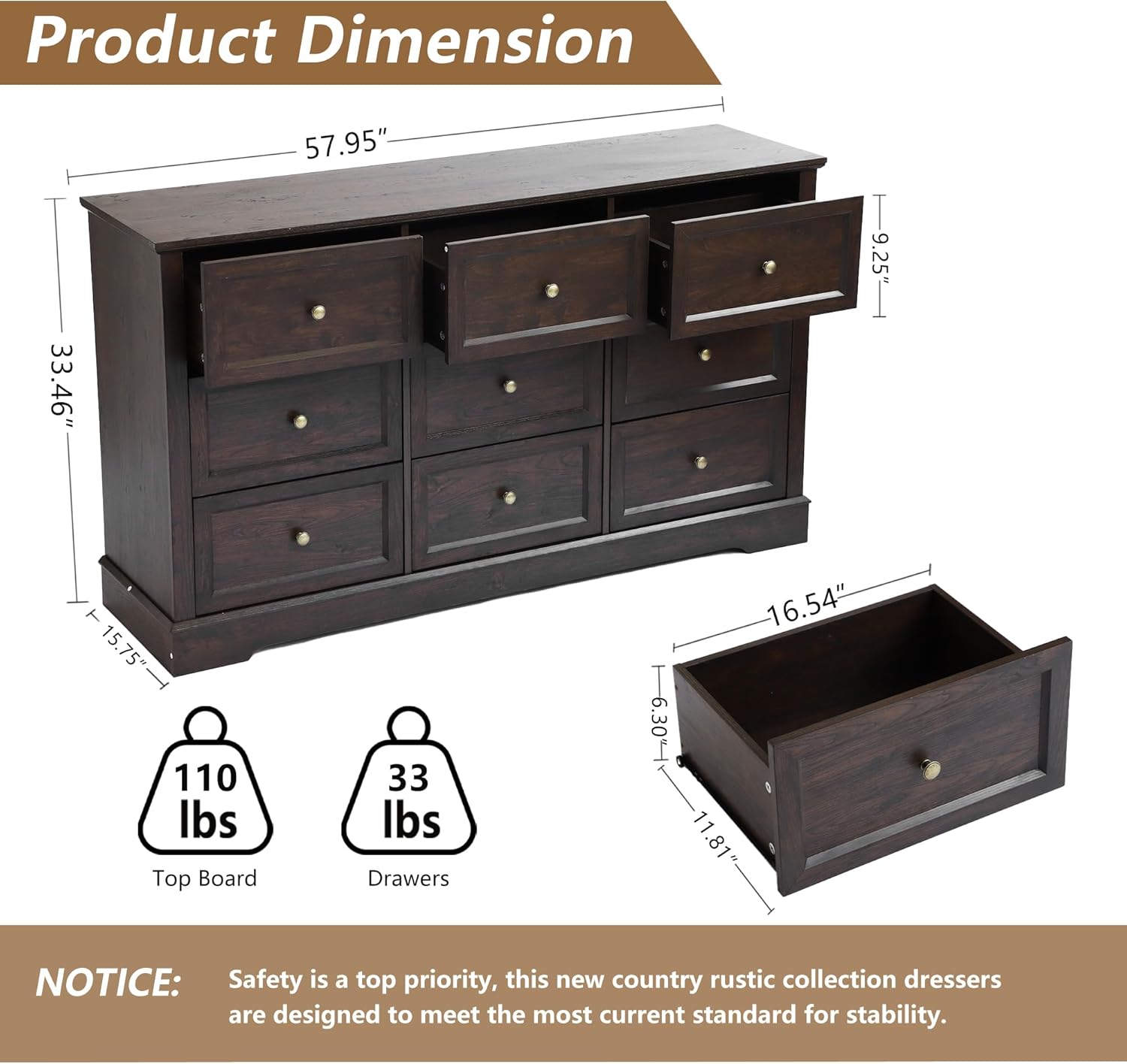 Farmhouse Dresser 9 Drawer (9 Drawers, Dark Brown) - 4COD001BR - Image 3